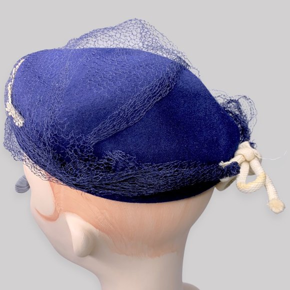Vintage Blue Virgin Wool Felt Embroidered Beret Tam Cap Hat WWII main image 3